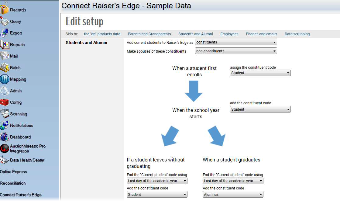 A flowchart with menus lets you choose how to handle student data